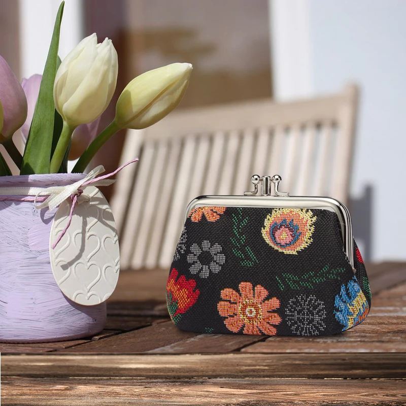 SAJA Tapestry Coin Purse Women's Wallet Key Wallet Pouch Double Pocket Kiss lock Garden Flower Coin Holder For Girl Ladies Gift