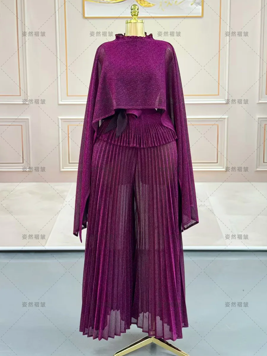 Miyake Chiffon a pieghe in due pezzi Abbigliamento da donna Vita alta Pantaloni a pieghe a gamba larga Abito drappeggiato leggero e traspirante multicolore
