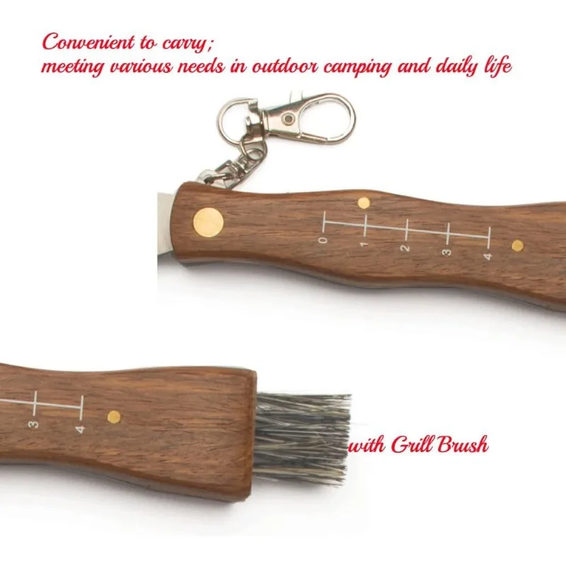 Mini Mushroom Knife Stainless Steel Wooden Handle Sharp Camping Hunting Survival Multifunctional Folding Barbecue Brush Tool