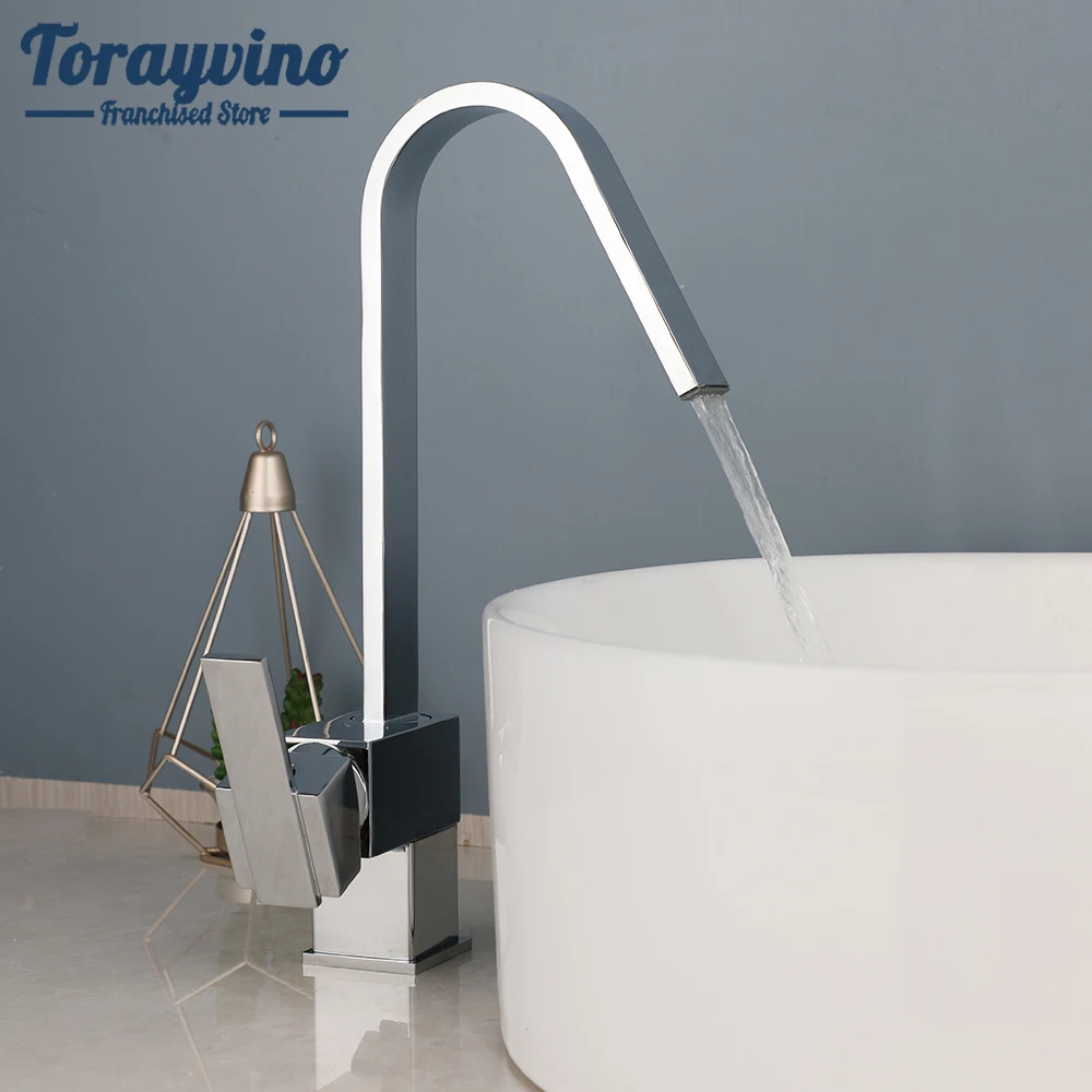 

Torayvino Rotating Chrome Finished Bathroom Basin Faucet Waterfall With Single Handle Deck Mounted Hot Cold Water Mixer Taps