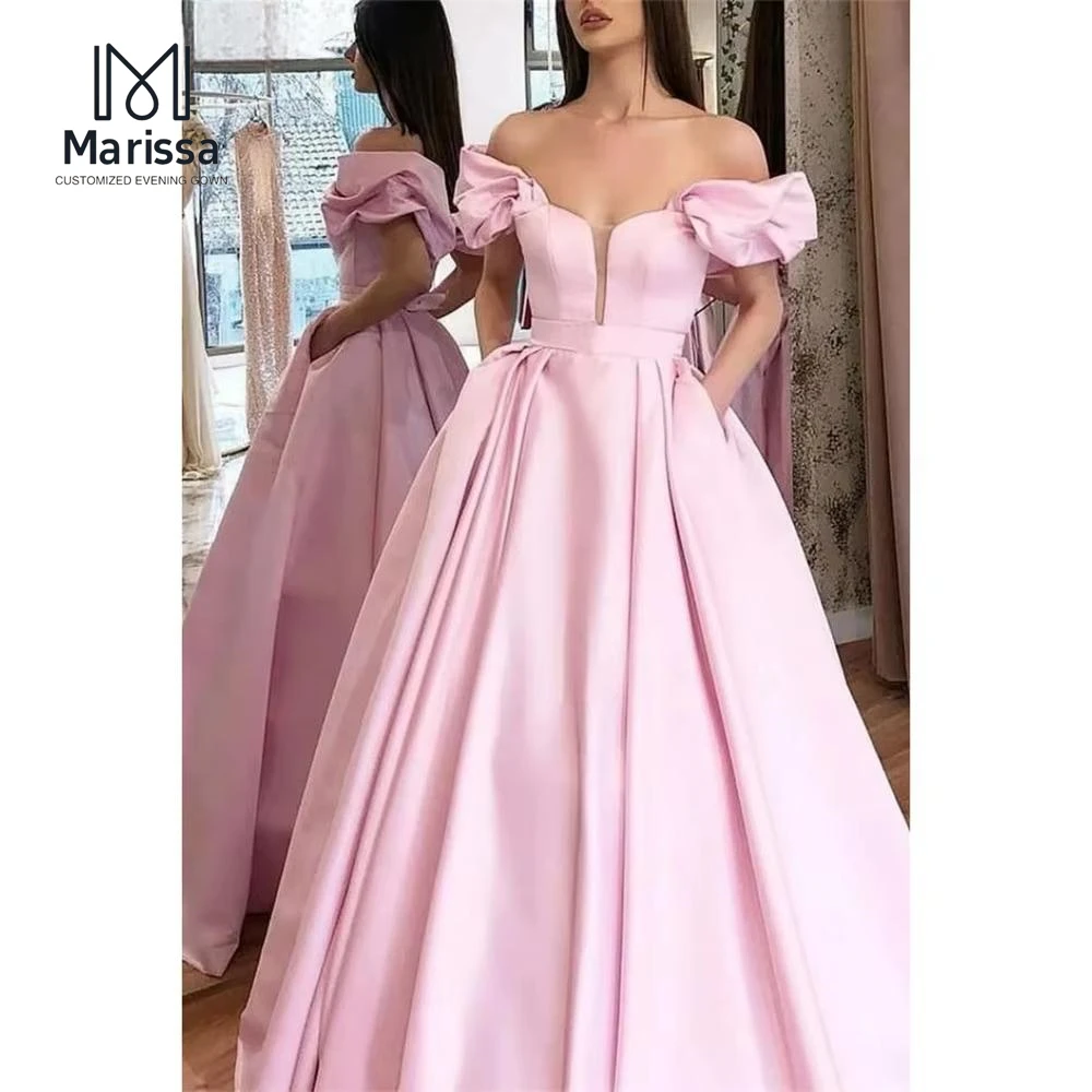 

Marissa Evening Dresses Woman Elegant Prom Dresses 2025 Custom Made V-neck Exposed Shoulders A-line Satin Pink Wedding Dress