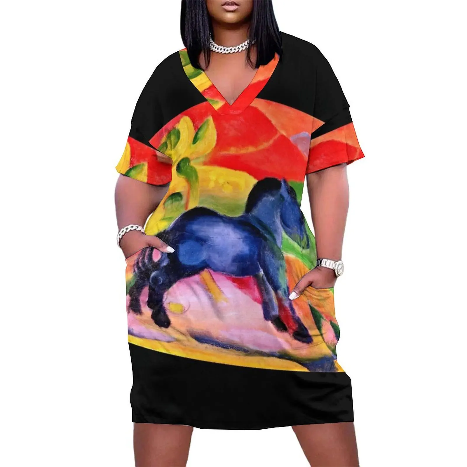 Franz Marc - Little Blue Horse Loose Pocket Dress women's evening dresses Women's dresses