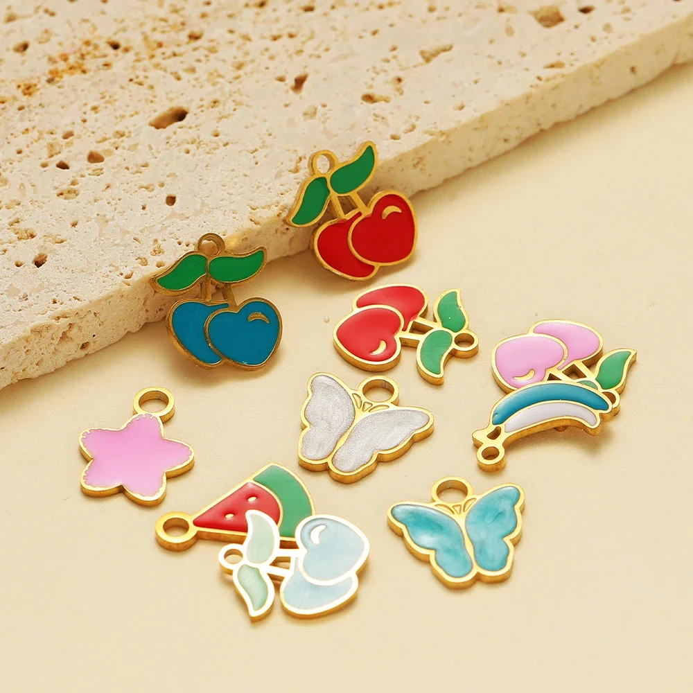 5pcs/lot Stainless Steel Drip Oil Cherry Banana Pendants Enamel Flower Charms DIY Girl Jewelry Findings Necklace Making Supplies