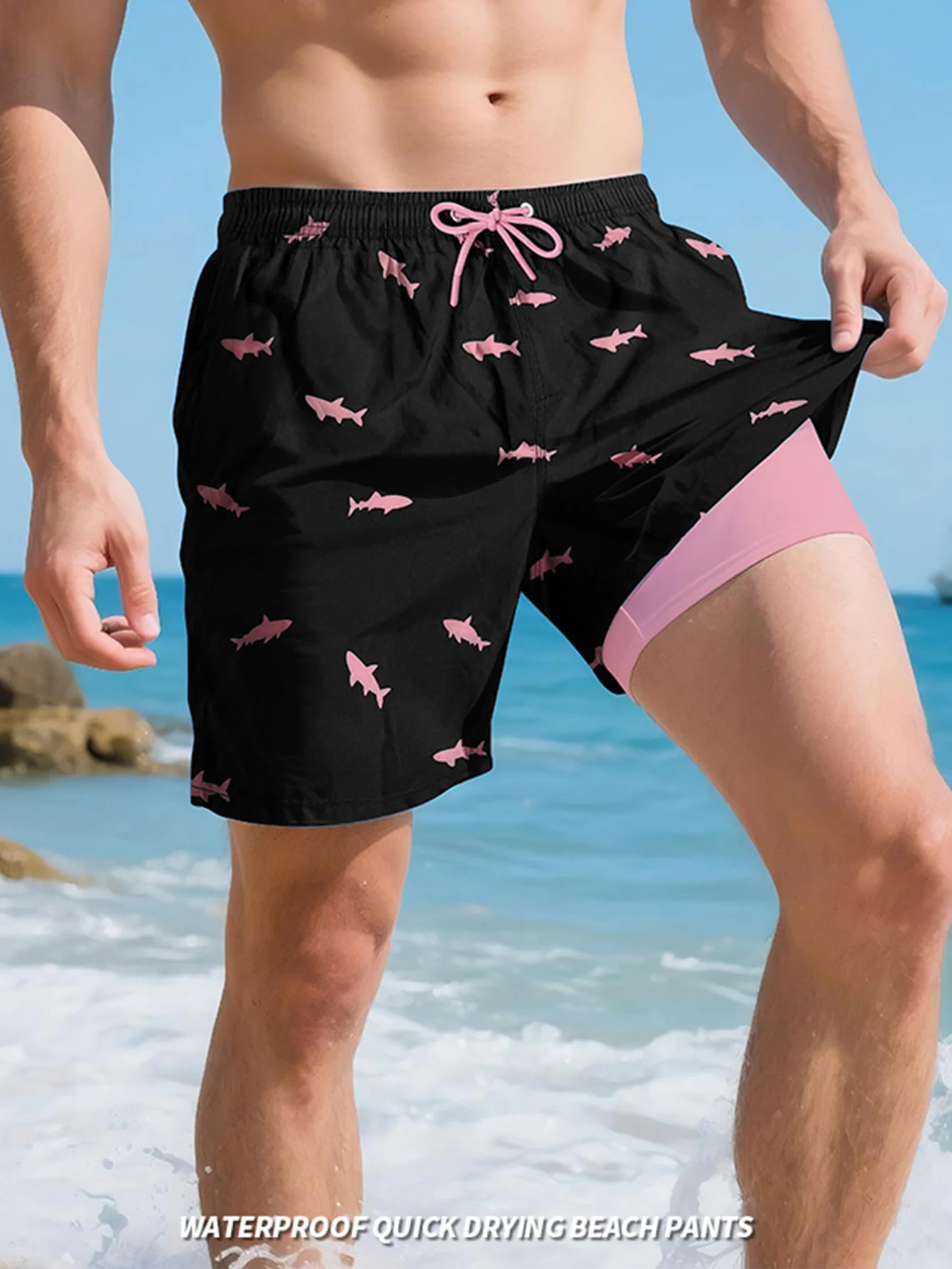 2 in 1 Mens Swim Trunks Pink Shark Print Casual Drawstring Waistband 5 Inch Breathable and Quick-drying Swim Shorts Board Shorts