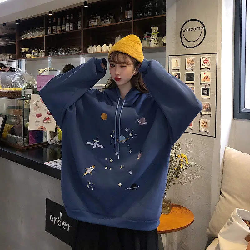 2023 Korean Fashion Casual Tops Blue Black Hoodies Women Sweatshirts Kawaii Embroidery Plus Size 2XL Harajuku Streetwear Unisex