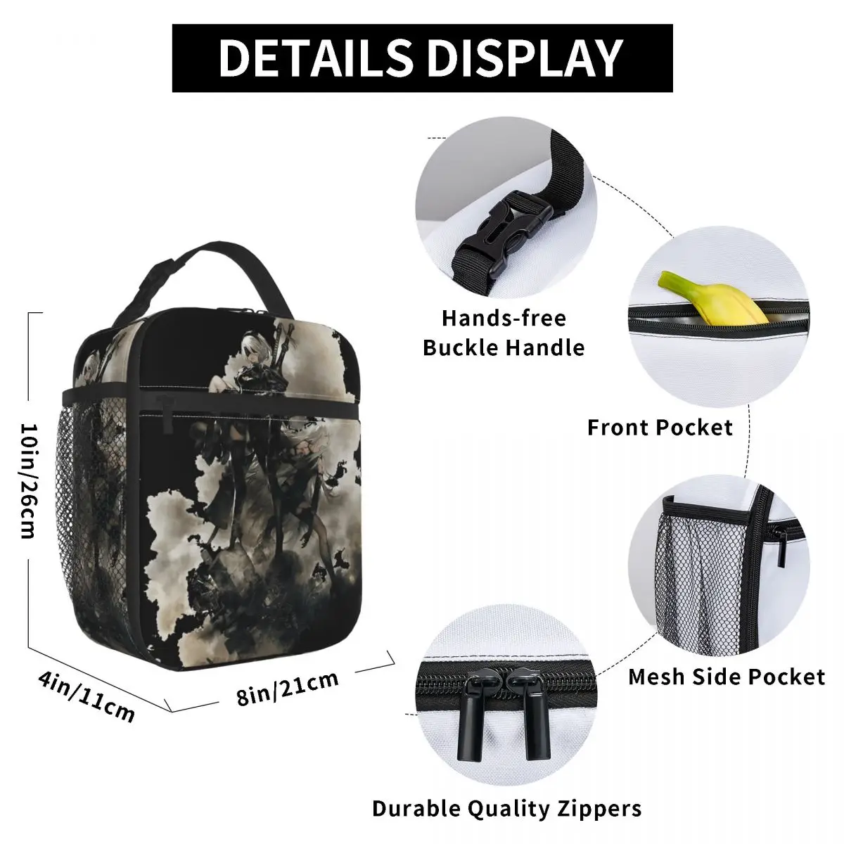 NieRAutomata 2B 日本ランチバッグ子供のためのプリント弁当箱かわいいオフィスクーラーバッグポータブルジッパーオックスフォードサーマルランチバッグ