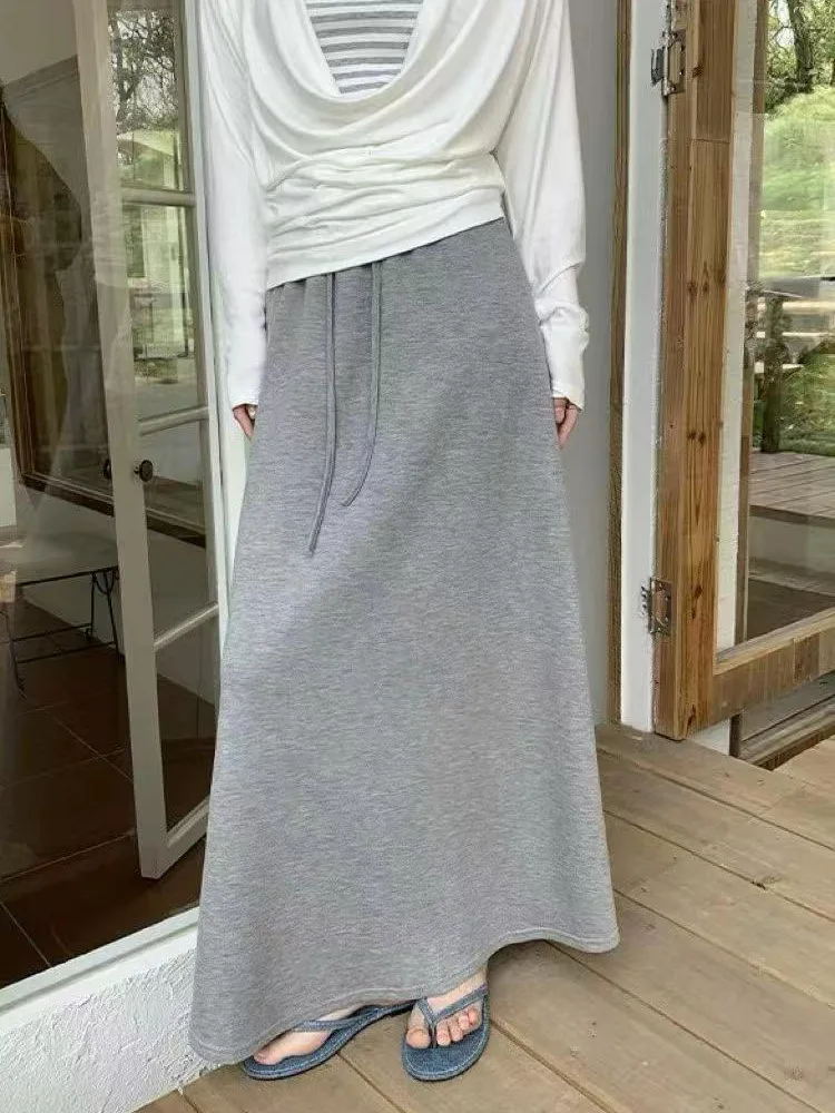 Dark Gray Drawstring Sport A-line Maxi Skirt Elastic Waist Casual Loose Straight Skirts Comfort Loungewear Solid Trendy Skirt