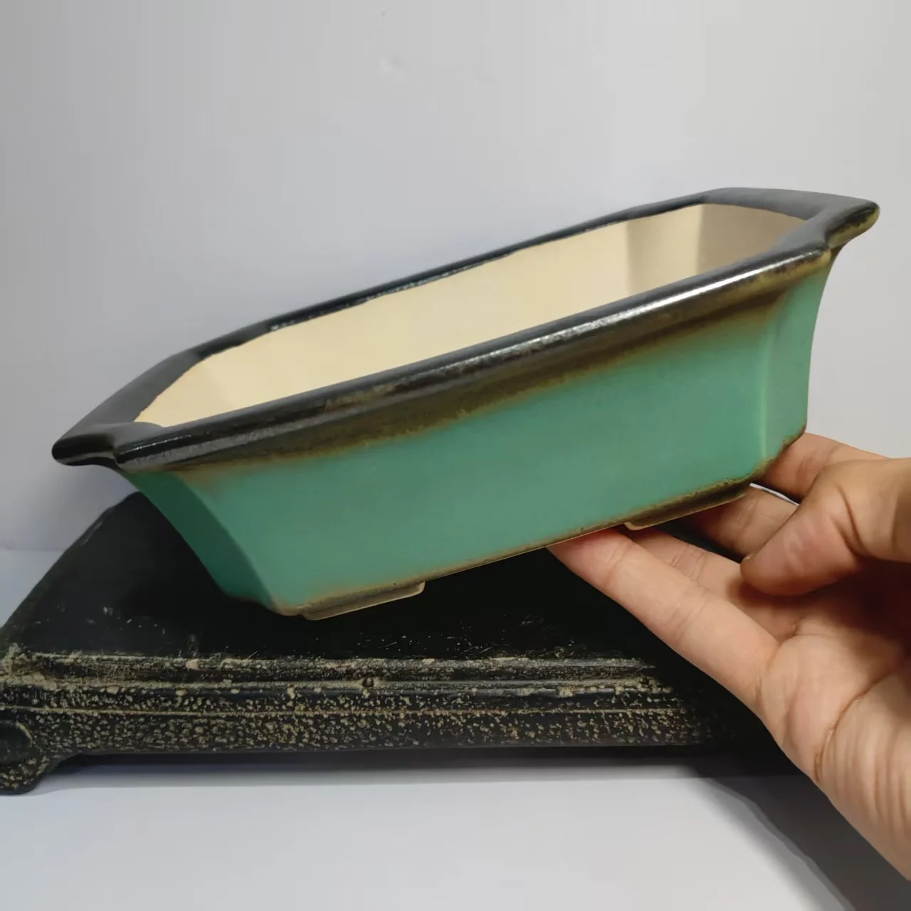 High Quality Matte Green Glazed Bonsai Pot with rectangle Shape