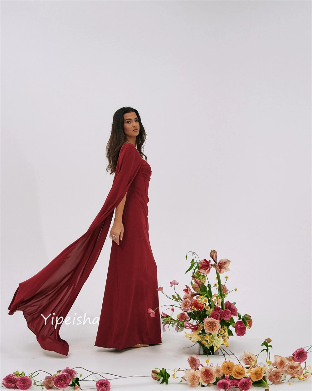 Jiayigong  Prom Casual Square Collar A-line Pleat Ruched Floor-Length Satin Bespoke Occasion Dresses Evening