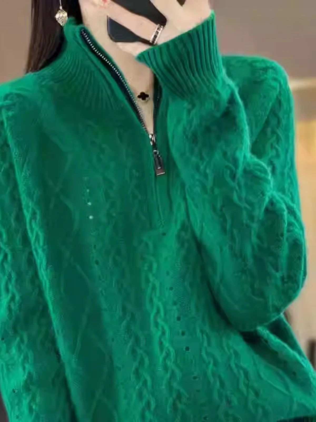 

Women's Camere Sweater High Collar Zipper Twist Long Sve Knitwear Thiened Loose Wool Base Layer for Autumn Winter