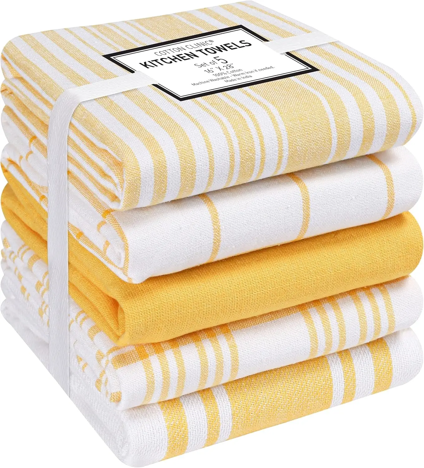 

5 Pack Cotton Kitchen Towels – Soft, Absorbent, Quick Drying, 16x28, Yellow White