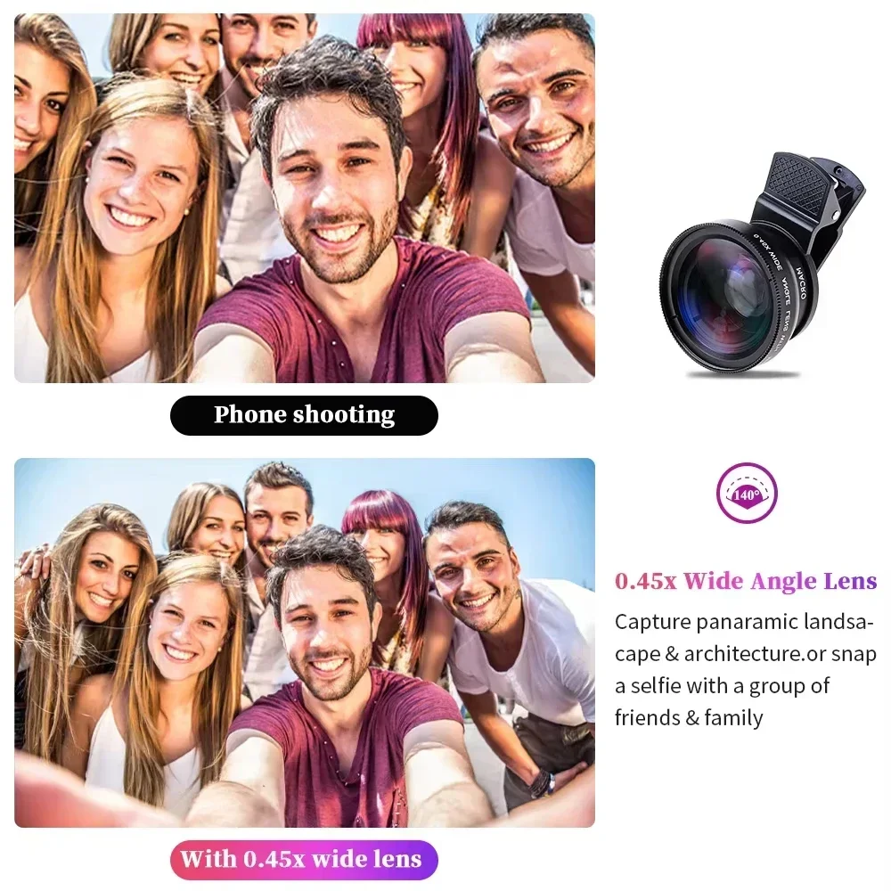 Universal 2 in 1 Phone Lens Kit 0.45x Ultra Wide Angle Macro External Lens HD Camera Lens Clip for iPhone Android 37mm