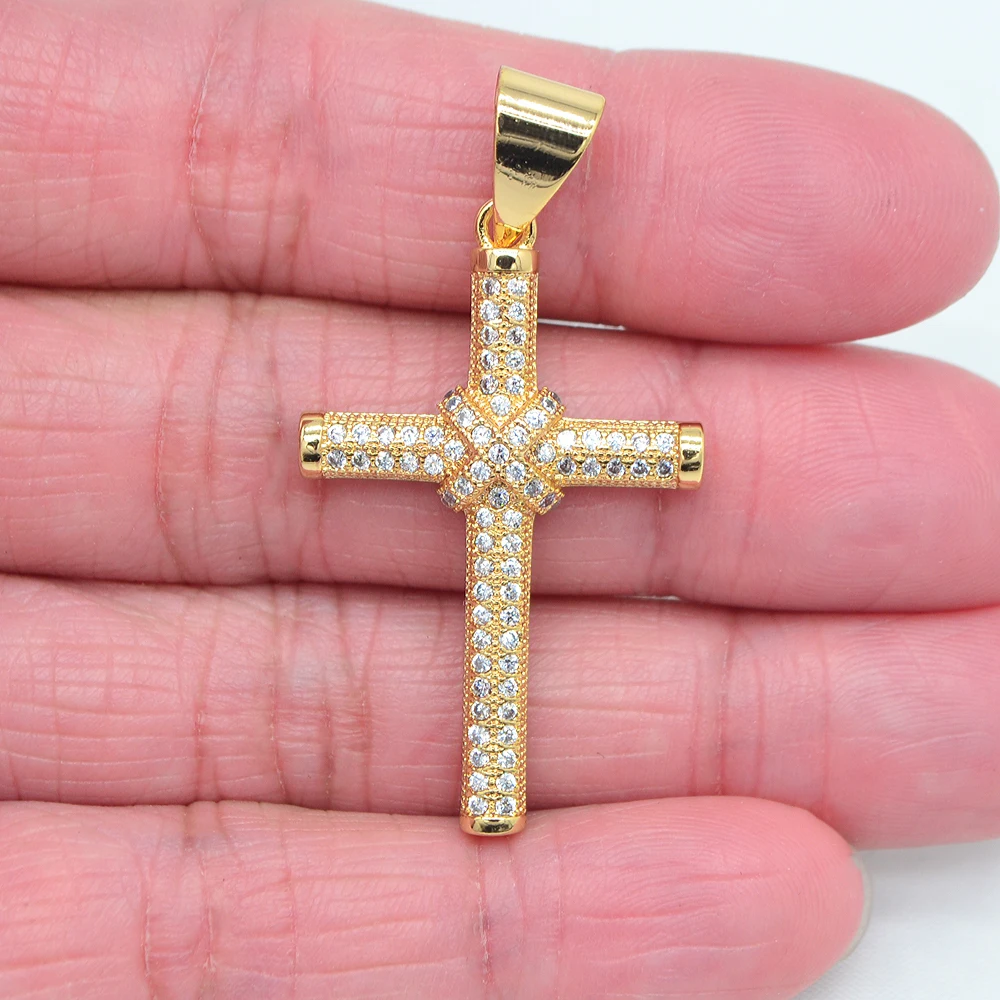 High Quality Gold Color Men Women Clear Cubic Zirconia Bling Stick Rope Wrapped Cross Charm Pendant