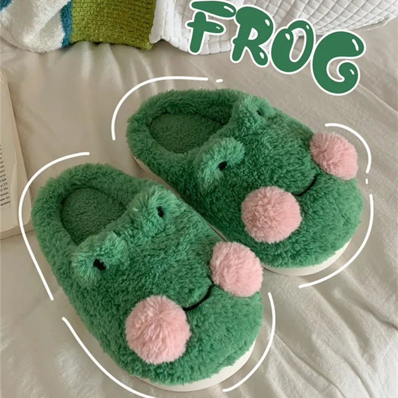 

Funny Couple Lovely Frog Cotton Slippers 2022 Winter Student Anti Slip Warm Plush Home Slipper Men And Women Household Shoes