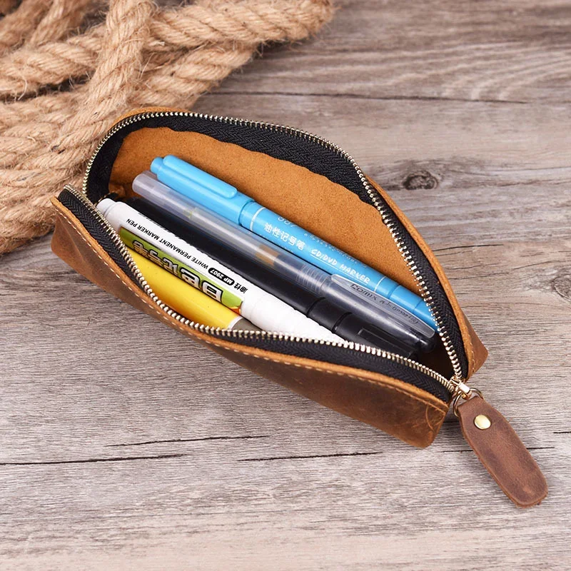 Imagem -04 - Bolsa de Lápis de Couro Genuíno Artesanal Suporte de Papelaria Retro Simples Pen Case Bolsa de Armazenamento Zipper Pencil Pouch Óculos Case