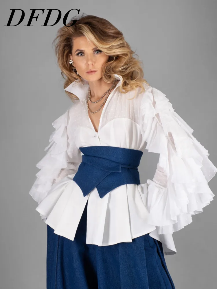 

Женская блузка DFDG 2026 весна-лето в горошек с рюшами, бантом, длинными пышными рукавами, жемчужными пуговицами, милая повседневная модная рубашка