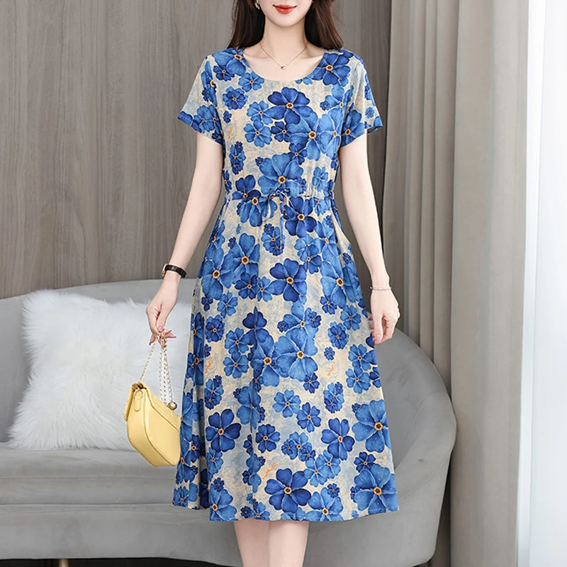New Fashion 2025 Print Summer Dresses For Women Short Sleeve O-Neck Elegant Summer Dress Woman Clothing