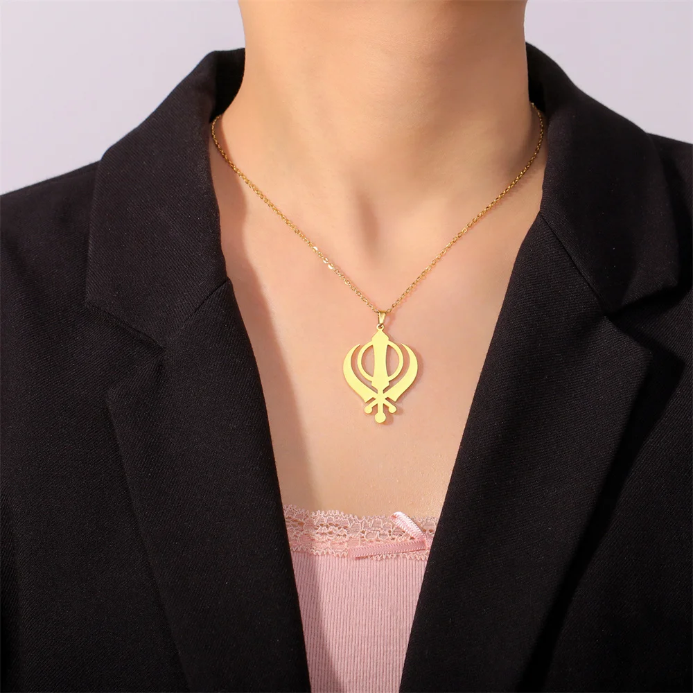 EUEAVAN Classic Sikhism Symbol Necklace for Women Men Stainless Steel Sikh Khanda Necklaces Religious Protection Amulet Jewelry