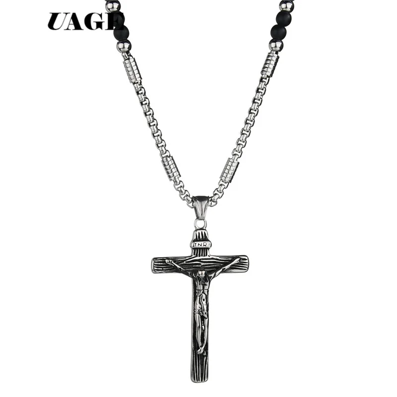 UAGE Rosary necklace Jesus christ cross pendant necklaces Black bead long chain mens women virgin mary christian fashion jewelry