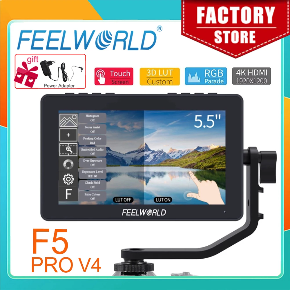 

7-дюймовый полевой монитор FEELWORLD для камеры DSLR F5 Pro V4, сенсорный экран 3D LUT FHD1920 1080 4K HDMI, вспомогательный видеофокус для Gimbal