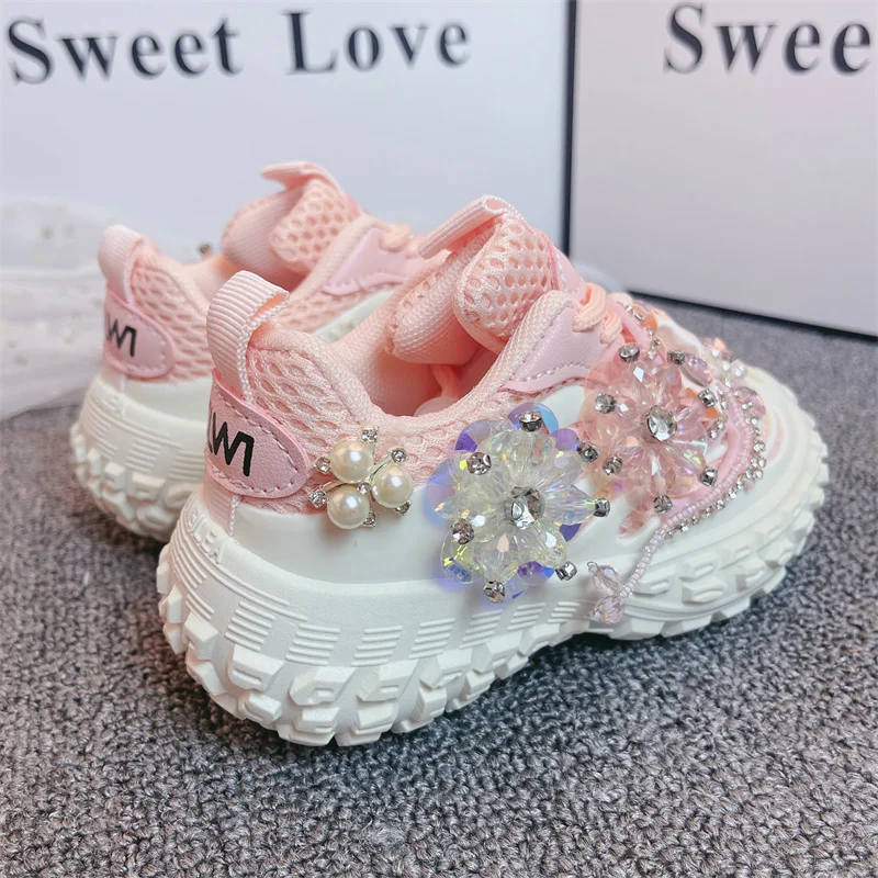 Girls Shoes 2023 Kids Fashion Running Sports Chunky Sneakers Toddler Brand Handmade Princess Shoes Children Pearls Flowers Flats