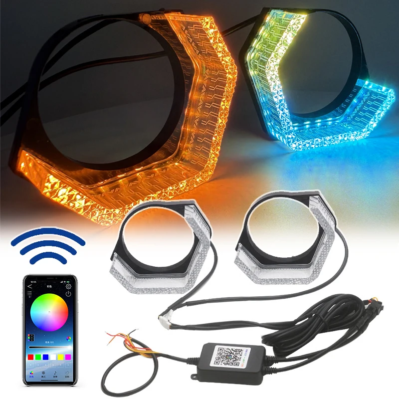 

2in 1 App Control RGB Flowing LED Angel Eyes Halo Ring Headlight Kits Universal Car Motorcycle Turn Signal Warning Lamp
