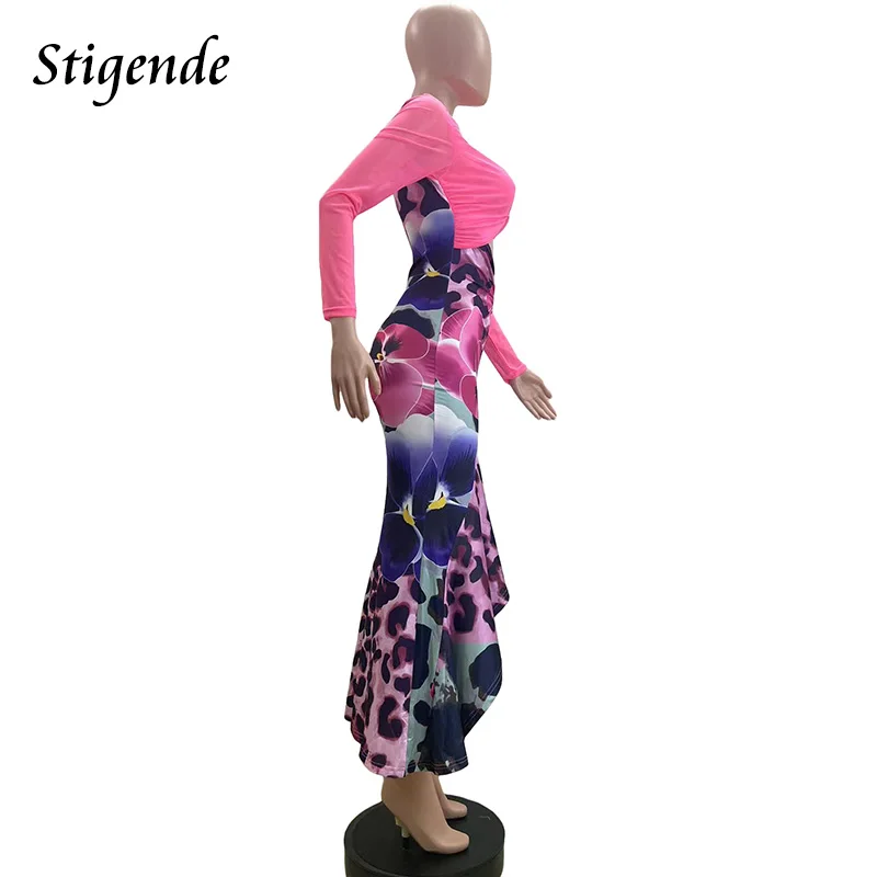 Stigende Women Floral Print High Low Ruffle Dress Sexy Open Front Leopard Mermaid Evening Dress