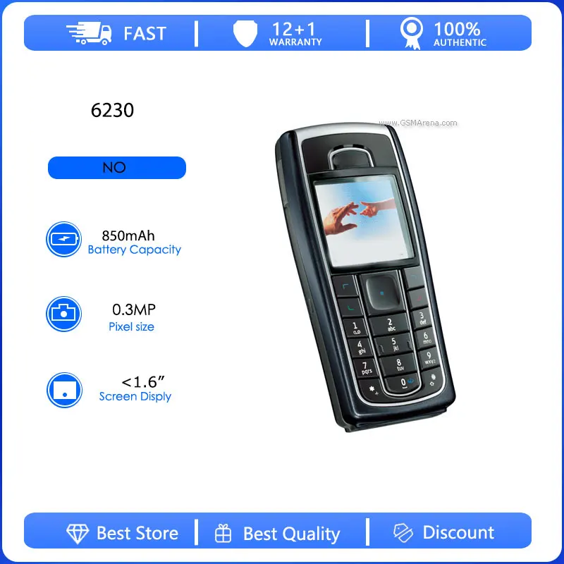 Teléfono Móvil Reacondicionado Original 6230 0.3MP 2G, Una Sola SIM, Desbloqueado, GSM 900/1800, Teclado Ruso, Árabe, Hebreo, Hecho en Finlandia