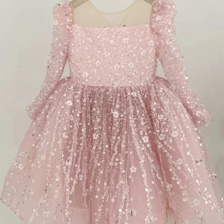 Vestido de manga larga para niña, vestido esponjoso de lentejuelas brillantes para bebé, vestido de princesa de cumpleaños, moda cómoda para niños, 2024