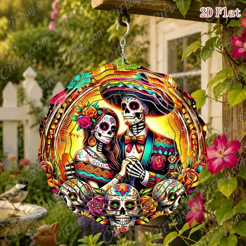 CIFBUY Day of the Dead Wind Chime Sugar Skull Couple Floral Metal 360° Rotating Spinner Outdoor Yard Porch Hanging Decor Gift