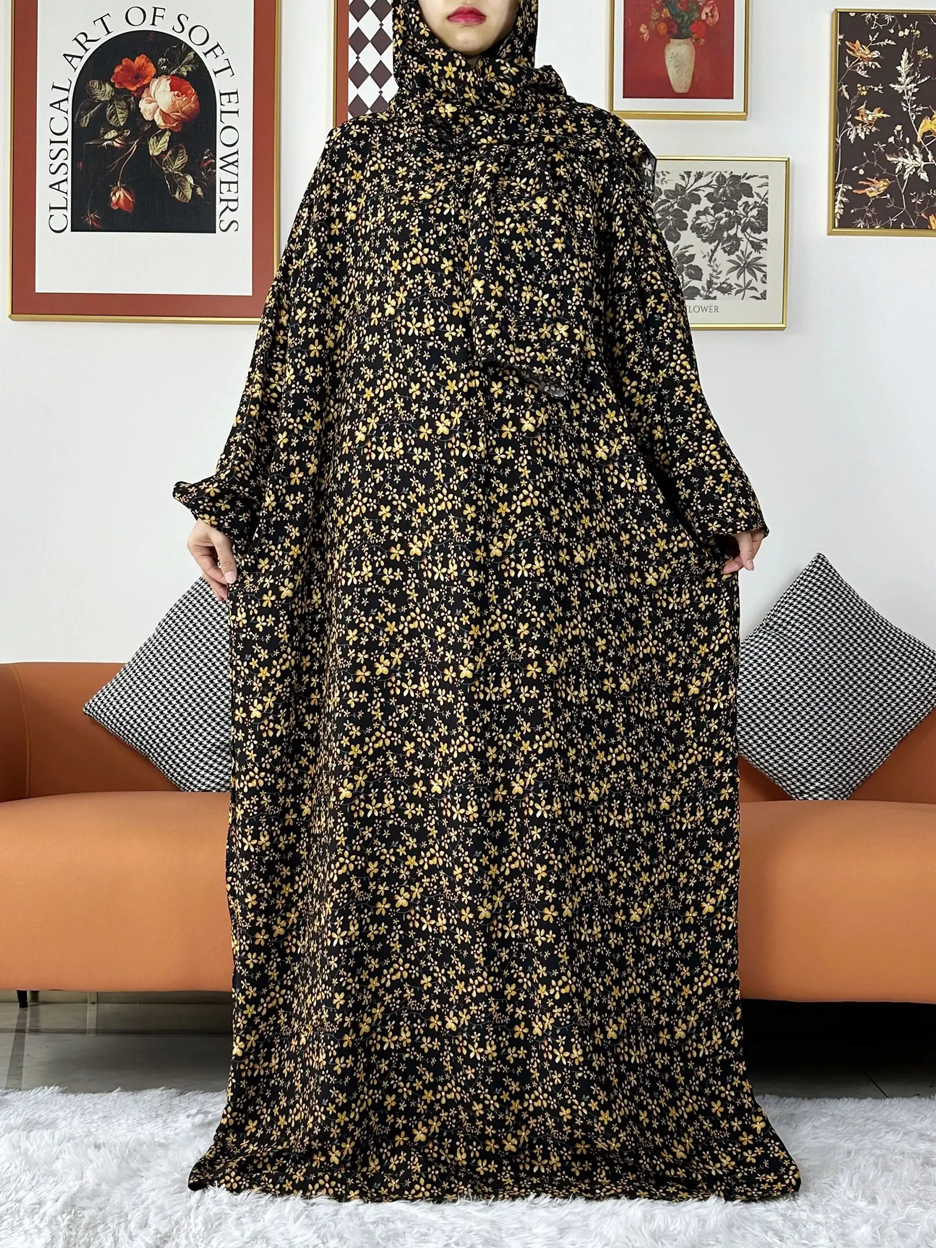 Latest Muslim Abayas For Women Ramadan Prayer Maxi Dubai Turkey Femme Cotton Robe Floral Loose African Dress Turban Attached