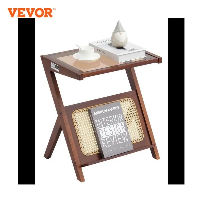 VEVOR Rattan Coffee Table 20/47 inch Z-Shaped Rattan Woven Bamboo Coffee Table with Tempered Glass Top for Living Room Bedroom