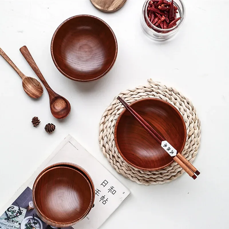 Japanese Style Jujube Wooden Bowl Round Large Soup Bowl Creative Children\'s Rice Bowl Tableware Vintage Wooden Bowls Tableware