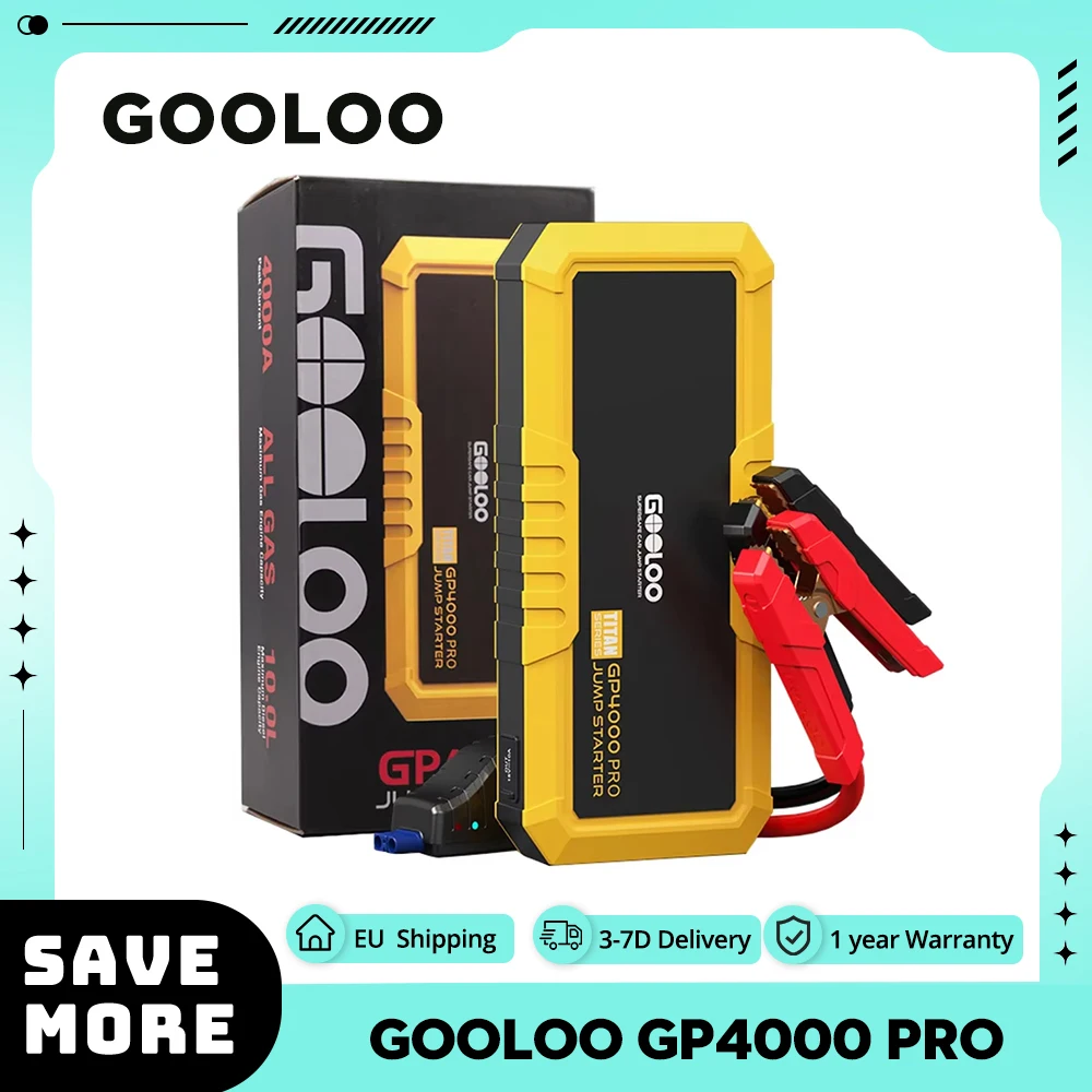 GOOLOO GP4000 PRO Jump Starter, 26800mAh Power Bank, 4000A Peak, 15V 10A DC Output, 1W White LED, 10L Diesel, 15W(5V/3A) Hot