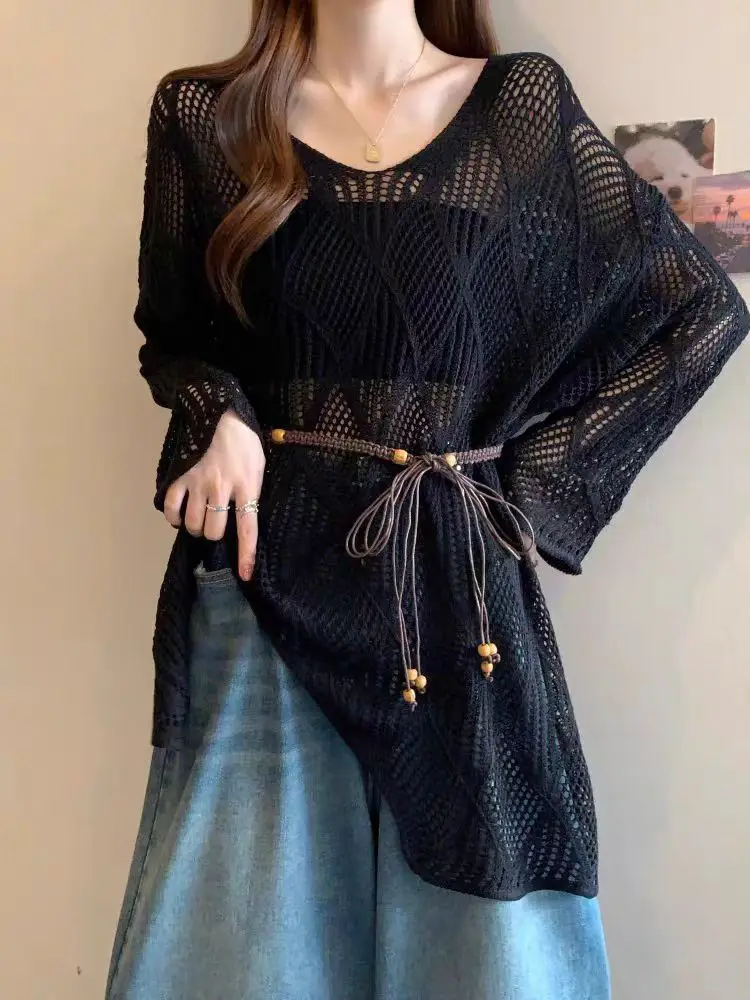 

French Style Lazy V-Neck Hollow Knit Sweater Women Summer New Fashionable Mid-Length Sun Protection Cover-Up Top For Plus Size