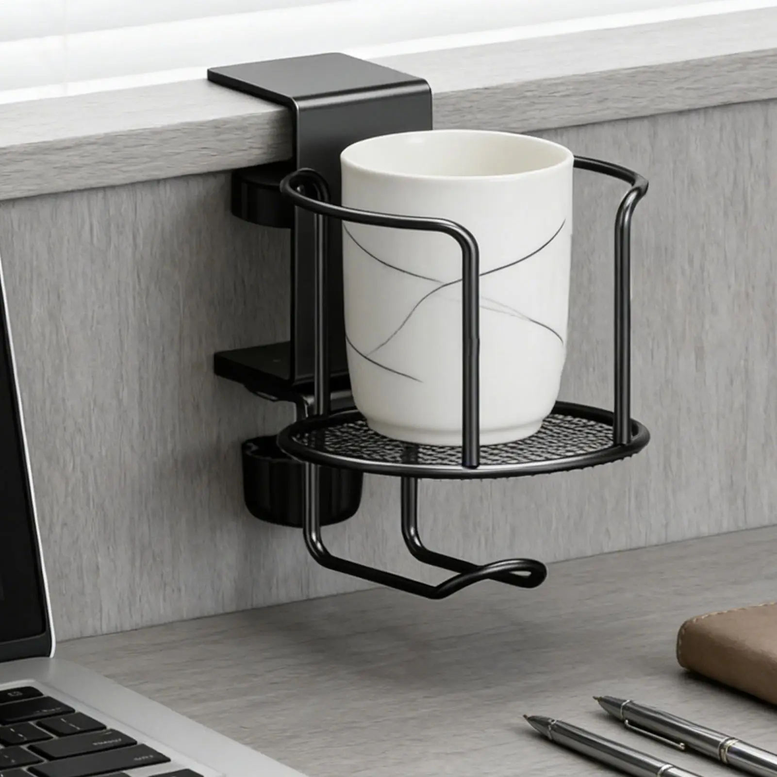 

2 in 1 Desk Cup Holder with Headphone Hanger Holder Anti-Spill Clip-On Table Cup Hook for Office Home Table