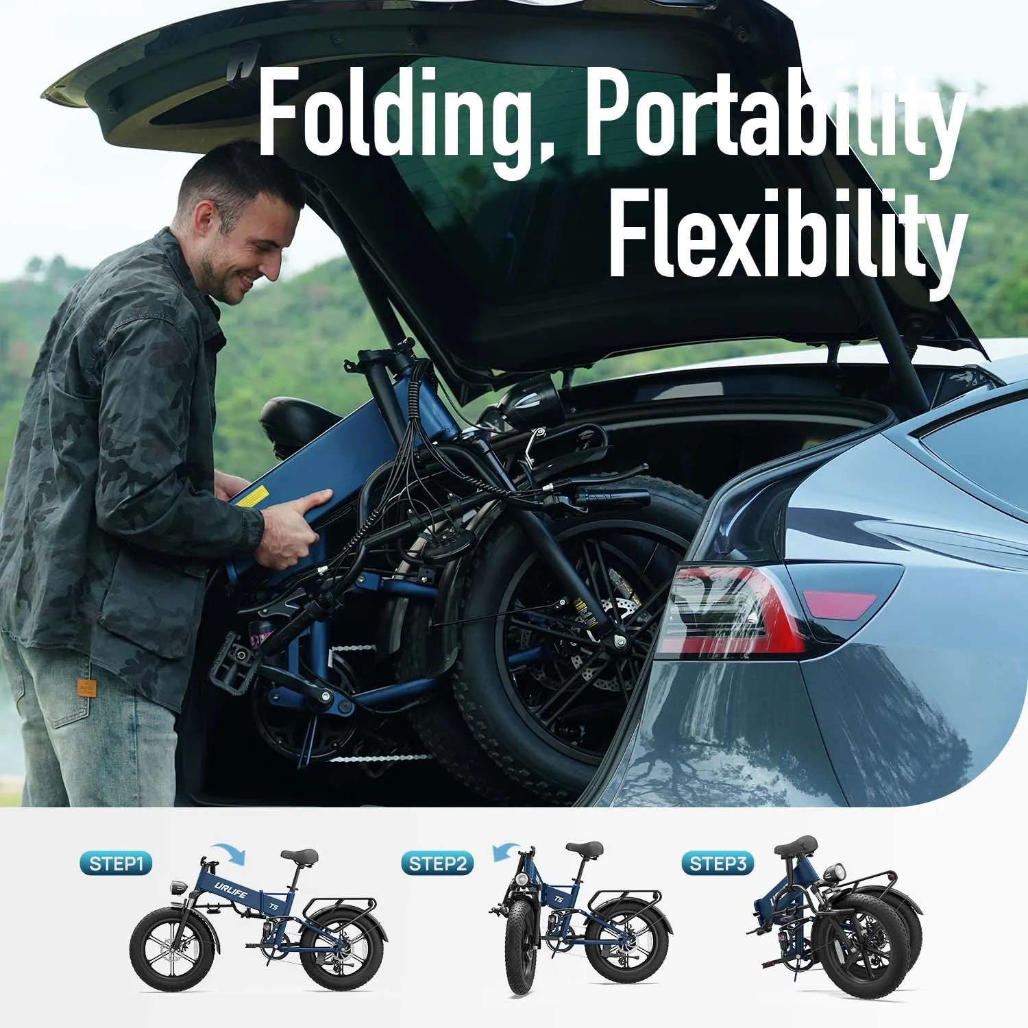 URLIFE T5 Foldable Electric Bike 20 Inch Fat Tire E-Bike for All Terrain 48V Removable Battery Long Range 80Miles Full Suspension Adult Electric Mountain Bike view 4