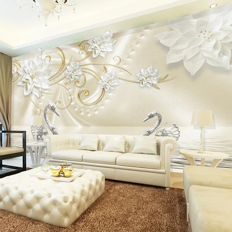 

Custom Mural Luxury White Embossed Flower Crystal Swan 3D Wallpaper Fresco Living Room TV Background Wall Decor Papel De Parede