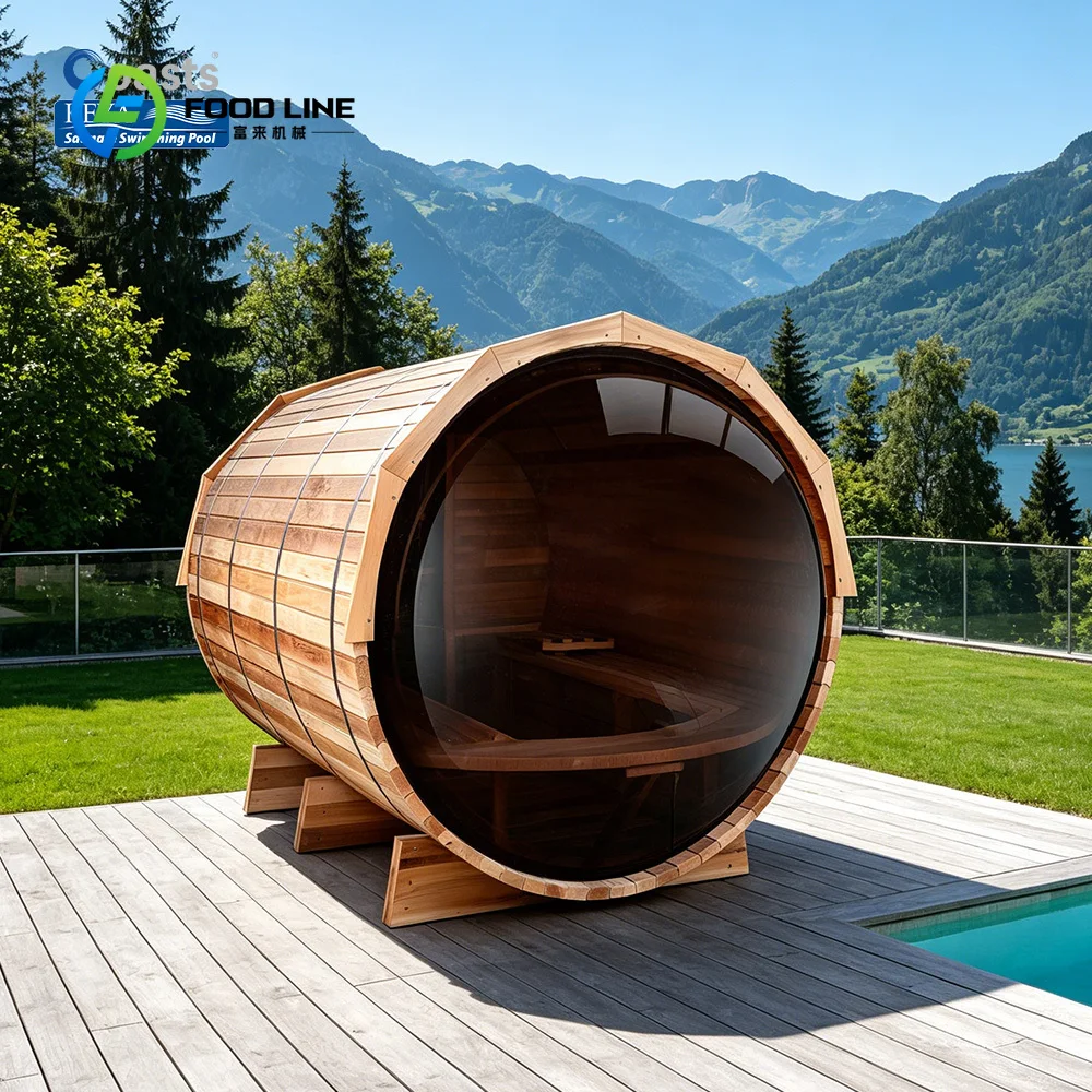 Elite Wellness Barrel Sauna, Single Piece Red Cedar Outdoor Cabin with Porch Rear Panoramic View and Safety‑Enabled Design