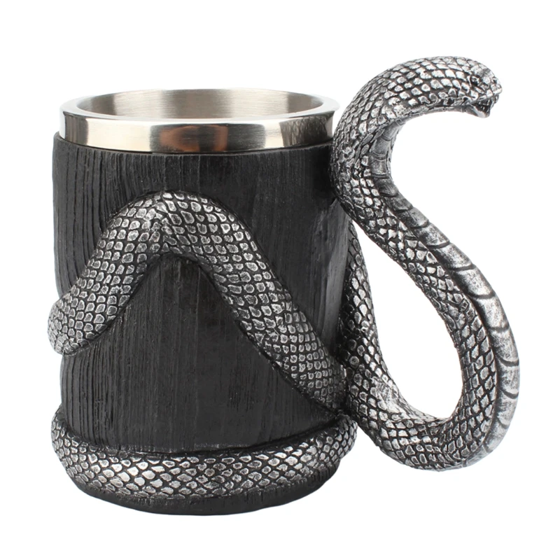 

for Creative 600ml Stainless Steel Beer Mug 3D Resin Snake Handle Double Layer Drinking Cup Coffee Milk Tea Dropshipping