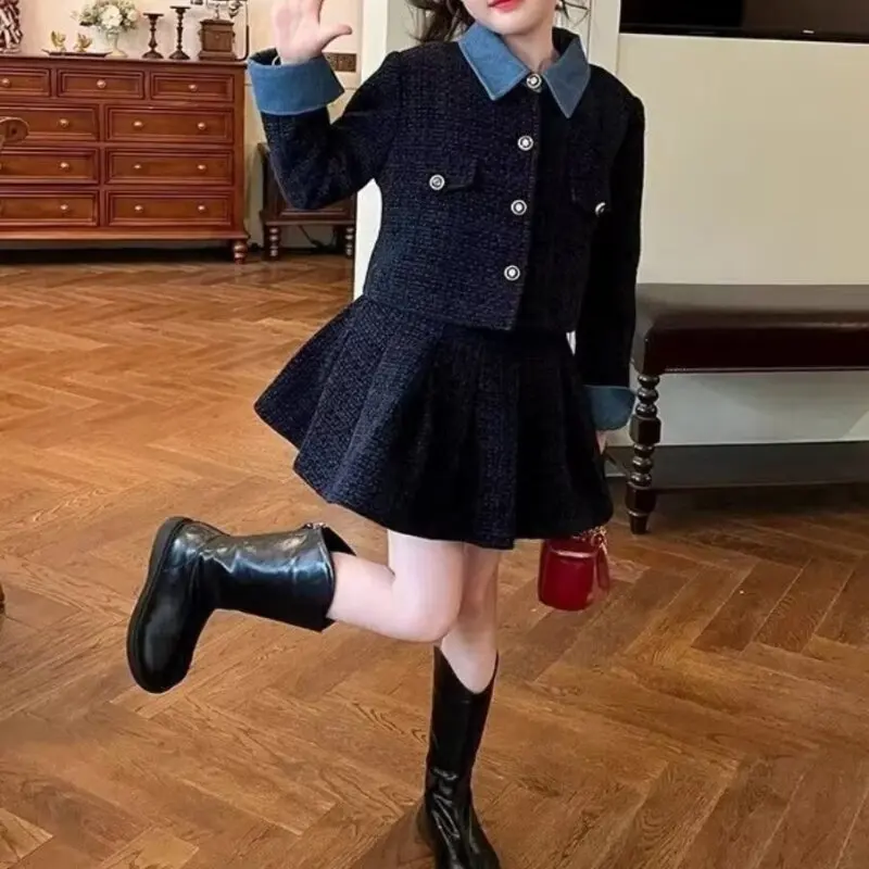 

Children's Outfit 2-piece Set For GirlsNew Korean Fashion Plaid Elegant Small Fragrant Wind Jacket + Skirt 2pcs Sets
