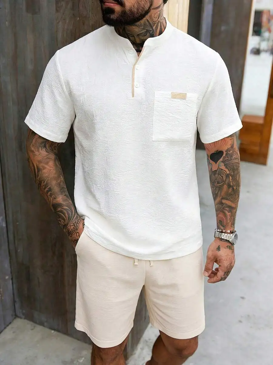 

Mens Solid Color Patch Pocket Short Sleeve Casual Linen Shirt Summer Beach Wear