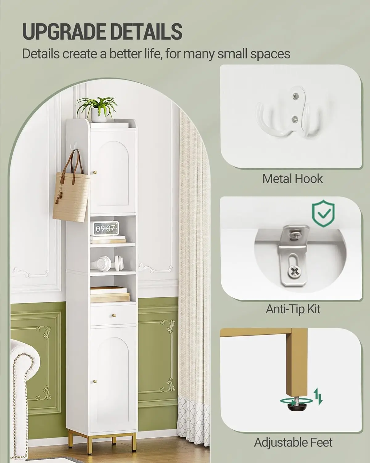 Bathroom Cabinet With Adjustable Shelves Doors Drawer Freestanding Tall Floor Storage Cabinet Narrow Toilet Paper Organizer Frame Wooden Utility Tower White view 5
