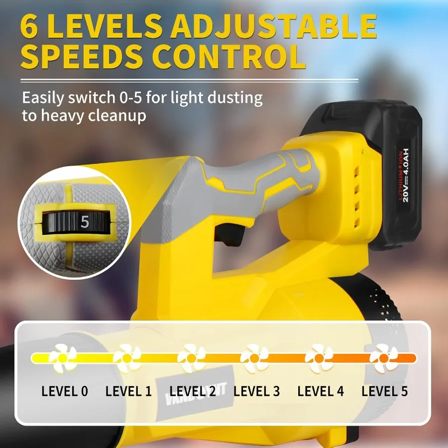 منفاخ أوراق شجر كهربائي لاسلكي مع 6 مستويات سرعة 580CFM 160MPH عالي الأداء 4.3 رطل تصميم خفيف الوزن يتضمن 2 × 4.0 أمبير في الساعة