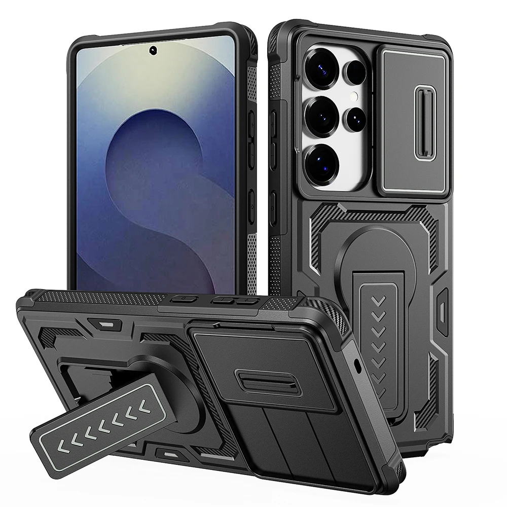 Folding Kickstand Bracket Shockproof Rugged Armor Case Slide Camera Lens Protect For Samsung Galaxy S26 S25 Ultra A57 A26 Cover