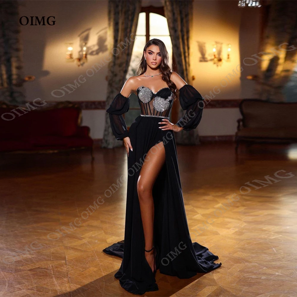 

OIMG Sparkly Black Royal Black High Side Split Chiffon Prom Dresses Sequined Long Evening Gowns Dubai Women Formal Party Dress