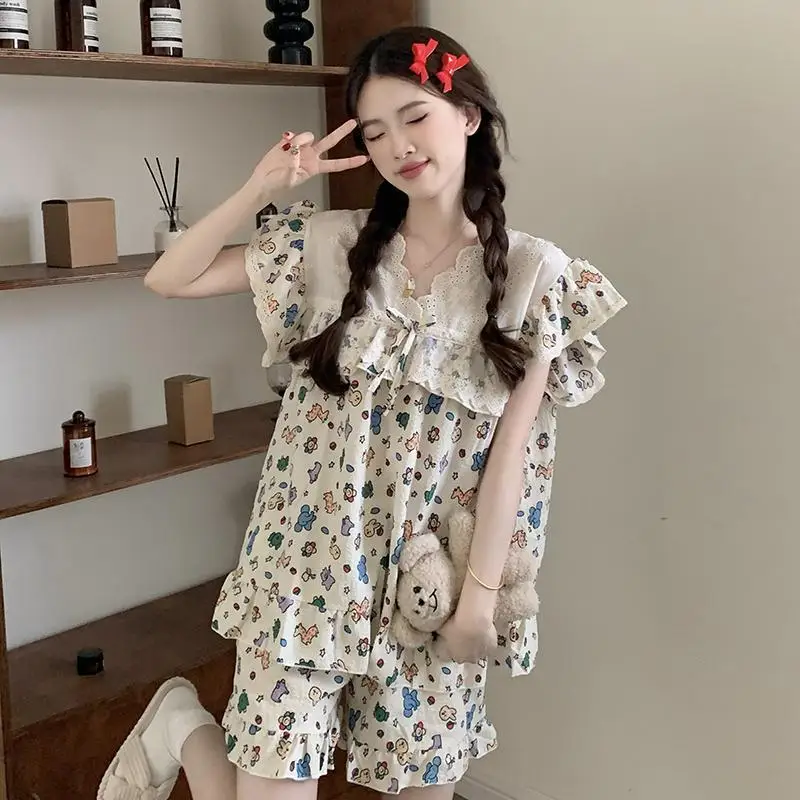 

2025 New Pajama Sets Large Size Summer Pajama V-neck Home Clothes Two-piece Set Korea Cartoon Print Women's Sleepwear Outfit Pj