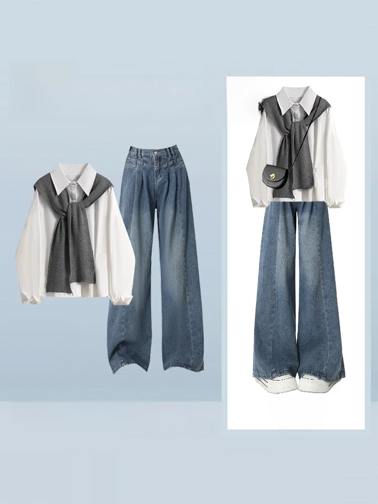 

Fashionable Premium Feeling Loose Long Sleeve Shirt And Jeans Set for Women Autumn Winter Slimming Versatile Casual Outfit