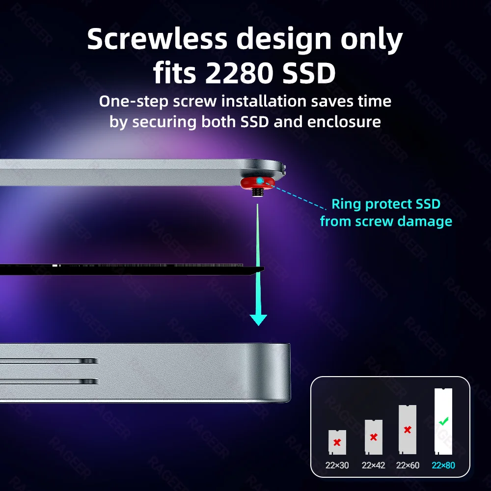 RAGEER Visual Smart M.2 NVMe 2280, adaptor USB-C aluminium dengan kecepatan Transfer Data 10Gbps untuk penyimpanan SSD eksternal.