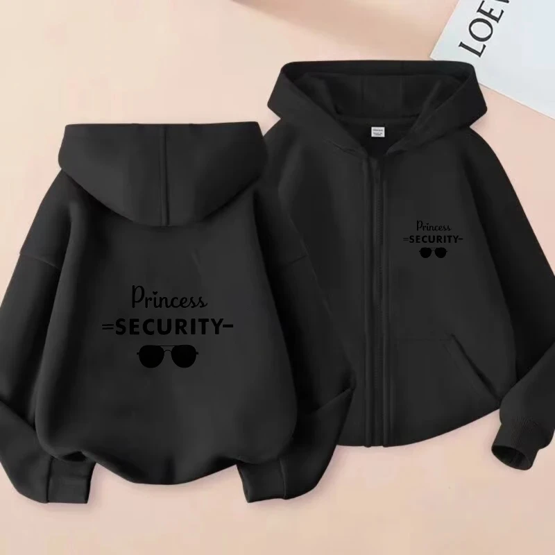 

Men's Hooded Jacket Black Princess Security Print Zip-Up Sweatshirt for Couples Casual Streetwear Fashion Outfit